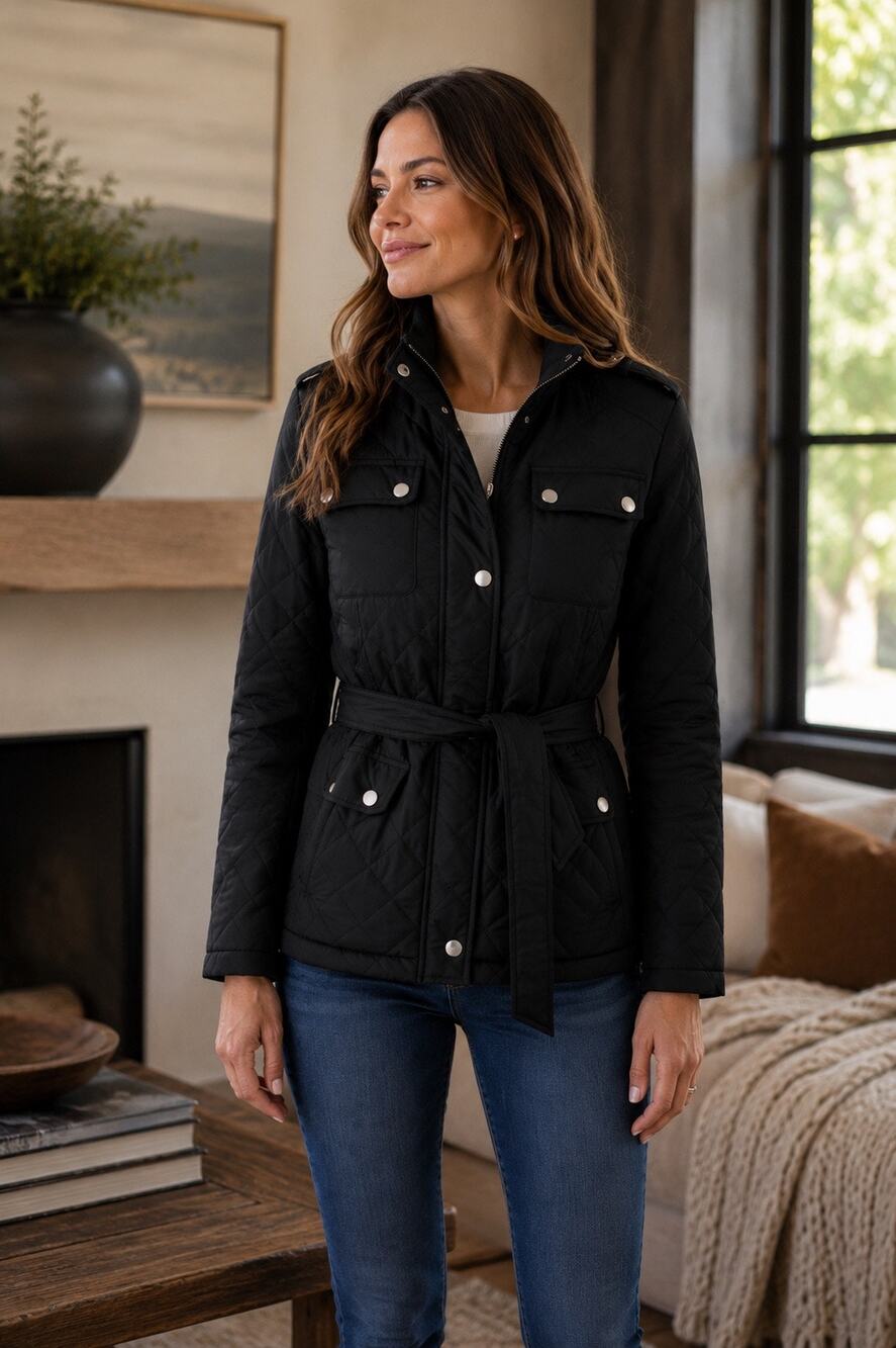 Pendleton Black Quilted Belted Jacket Insulated Snap Zip Coat XXS XS